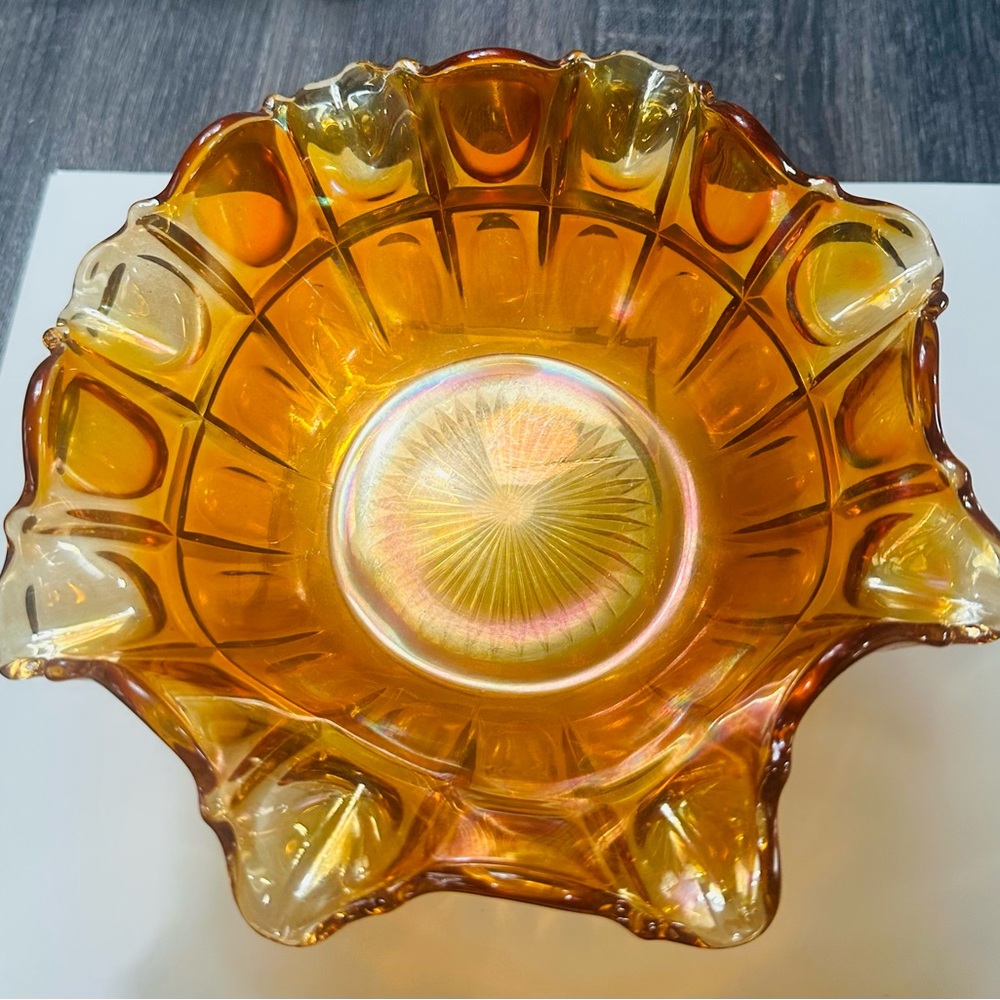 Imperial Carnival Glass Round and Oval Thumbprint Ruffled Edge Bowl in Marigold